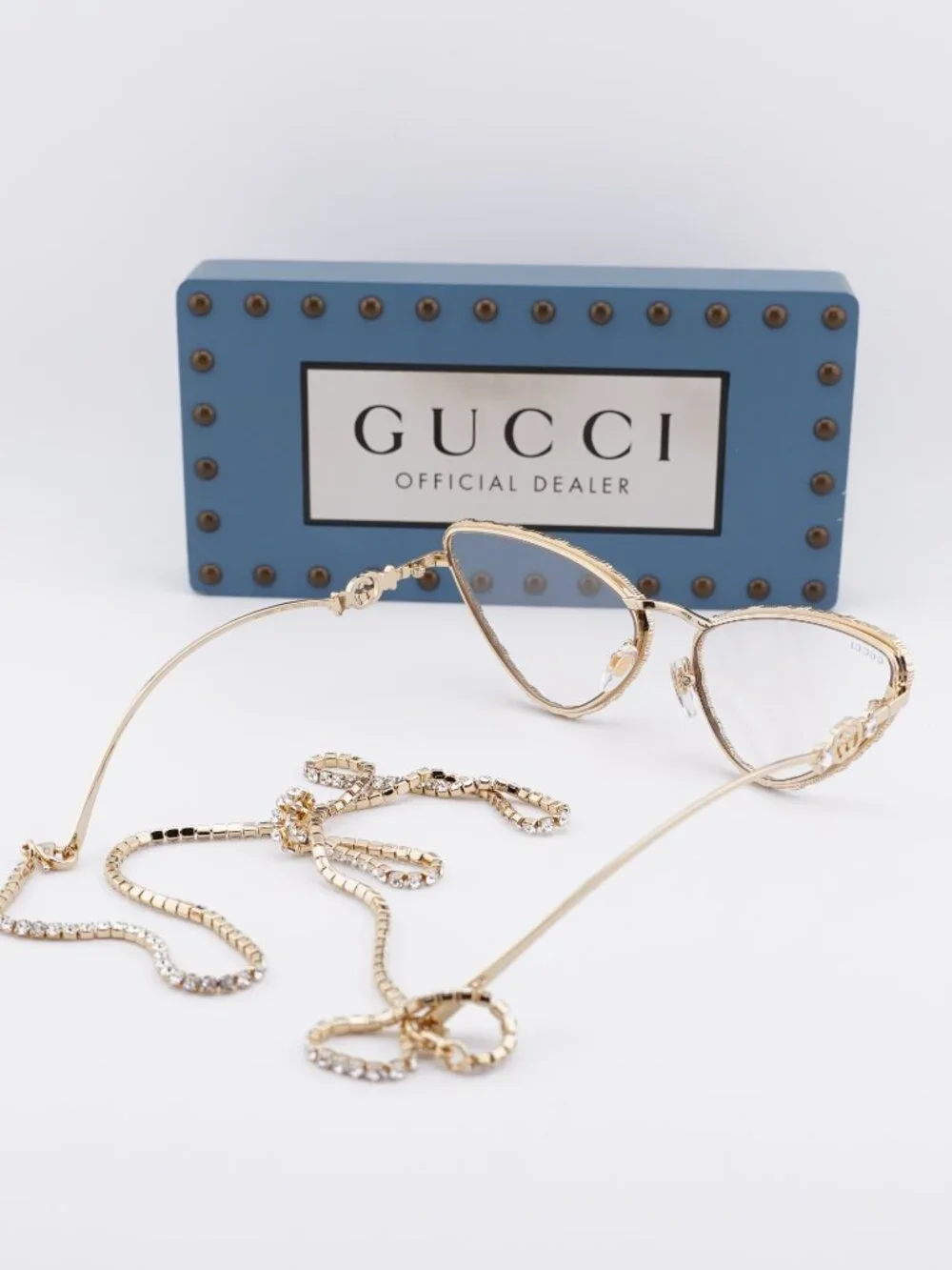 Gucci GG1569S 002 Cat Eye Sunglasses - Gold with White Stone / Brown